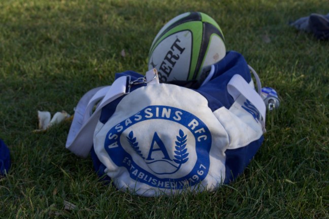 A typical rugby kit bag, along with a ball sits on the sidelines before the championship game starts on October 3, 2015/STEPHANIE SETKA